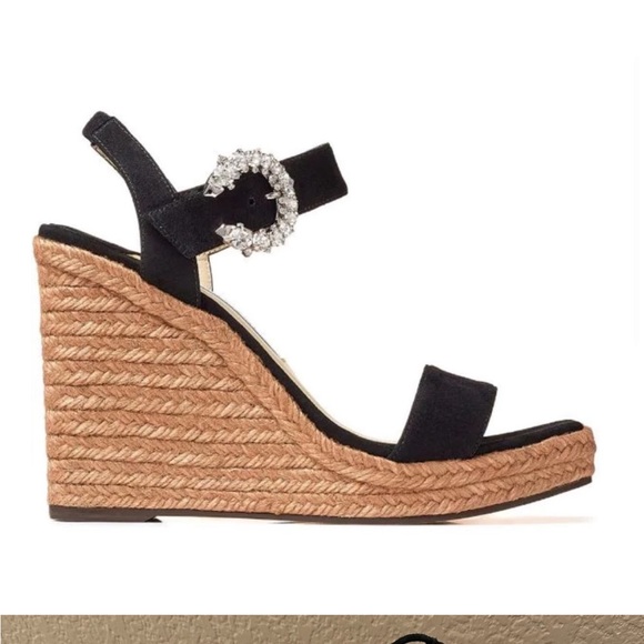 Jimmy Choo Crystal Embellished Buckle Espadrille Wedge Heels Shoes Black Leather - Picture 3 of 9